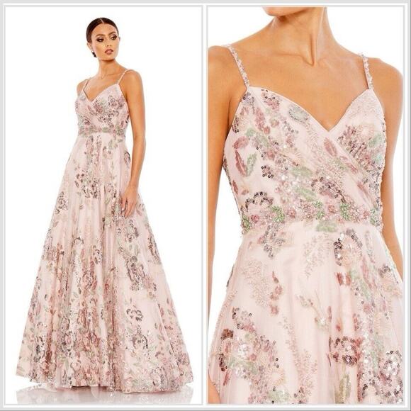 NWT Mac Duggal Floral Botánical Sequin Beaded A Line Gown Dress Pink Multi Sz 4 - Picture 1 of 16